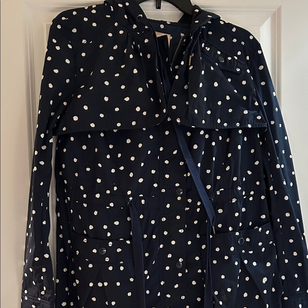 Anthropologie Navy Polka Dot Trench Coat
